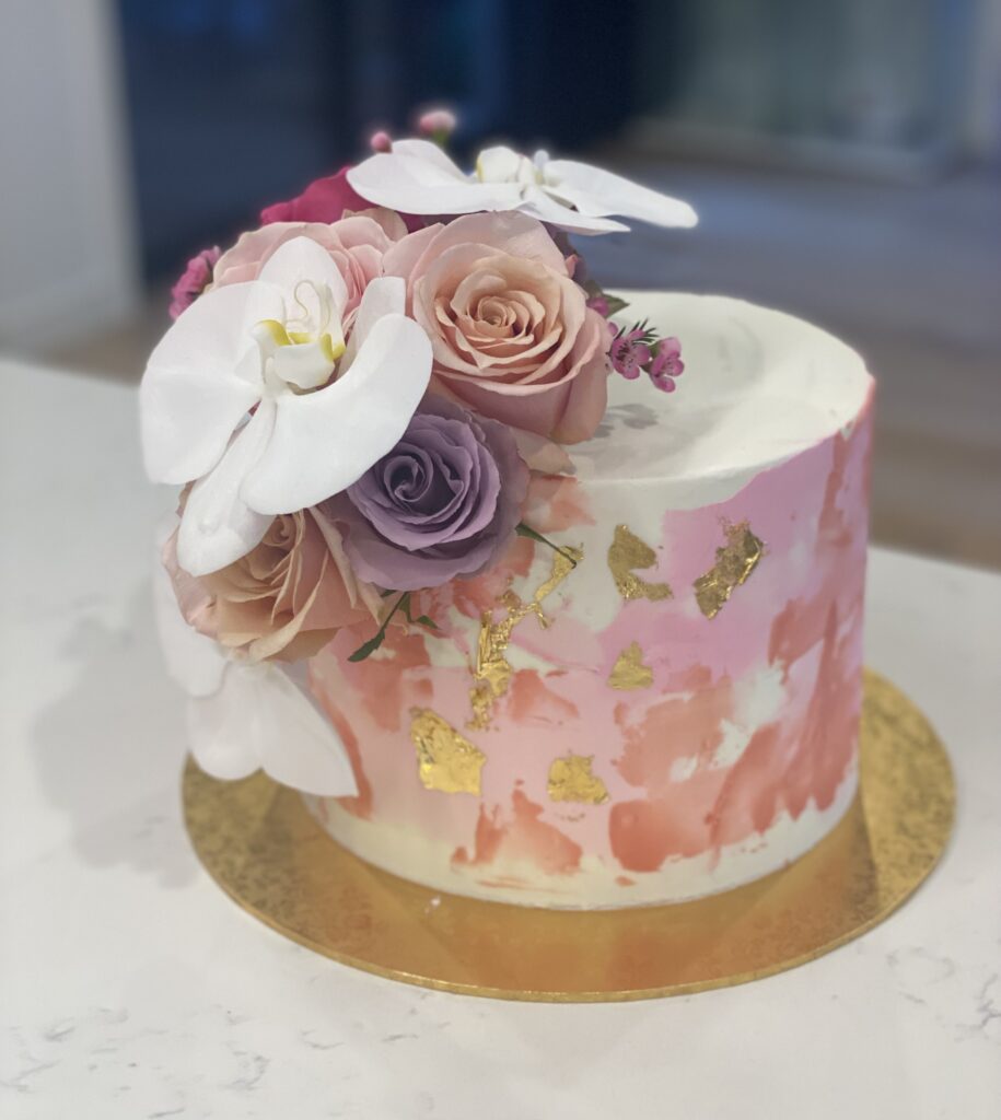 Pink Watercolour Cake With Gold Leaf & Fresh Flowers - Sweet infusion Cakes