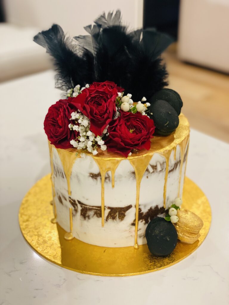 Gold Drip Semi Naked, With Flowers & Feathers - Sweet infusion Cakes