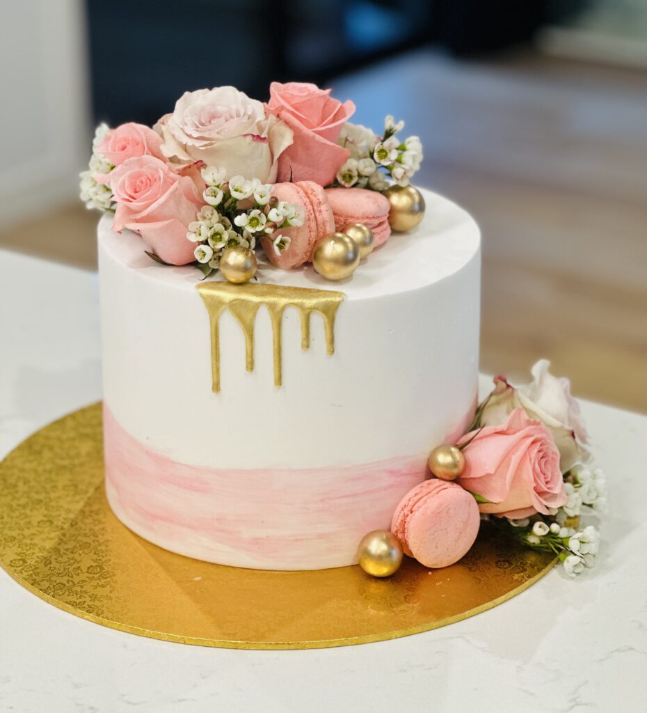 Pink & White With Gold Drip & Flowers - Sweet infusion Cakes
